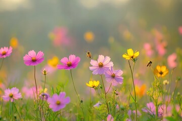 A field of cosmos flowers with a bee flying over them