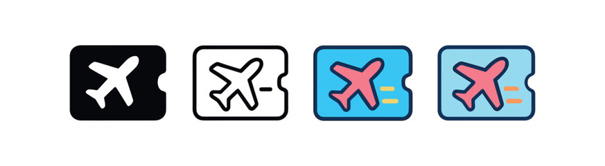 Fototapeta premium Vector icon travel boarding pass same pose same proportions four styles black solid glyph outline minimal flat multicolor filled cartoon flat shaded.