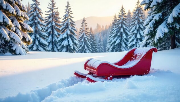 A vibrant red sled rests in the freshly fallen snow of a snowy January landscape, ready for winter fun The crisp, clear air and untouched snow create a peaceful winter scene , mountains, woods