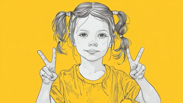 A young girl holding up her hand with the V sign, symbolizing peace and harmony