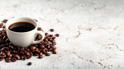 Obraz premium An aesthetic arrangement featuring a white cup filled with rich black coffee, placed artfully amidst scattered coffee beans on a textured surface, highlighting warmth.