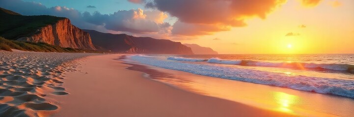Obraz premium Stunning panoramic view of a pristine beach landscape at sunset Golden hour light illuminates the sand, waves, and distant cliffs Perfect for travel, nature, and vacation themes , cliff, shore, sea