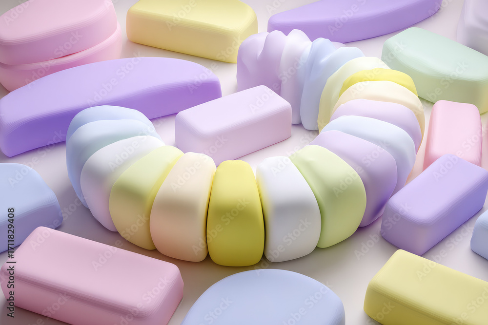 Poster pastel intestine shape soft 3d render surrounded by abstract geometric blocks gentle colors minimal 