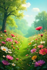 Obraz premium A vibrant, lush spring bursting with wildflowers, emanating a sense of renewal and healing energy Perfect for concepts of rebirth, wellness, and natural remedies , flowers, meadow