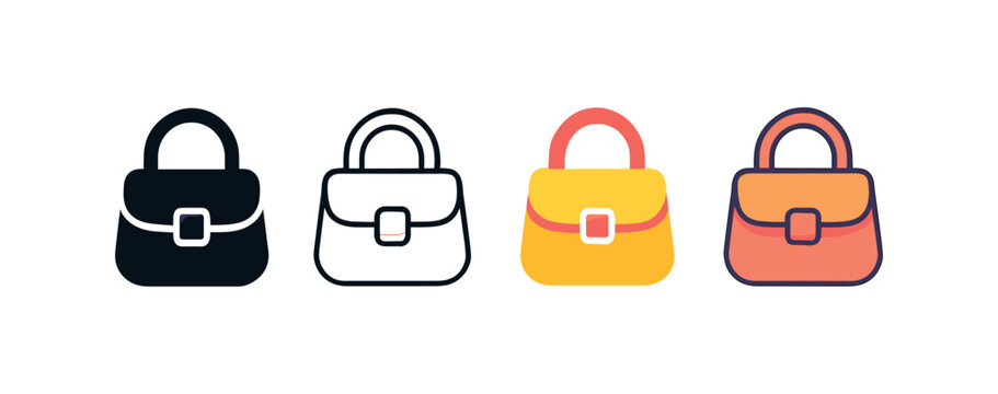 Vector icon fashion handbag same pose same proportions four styles black solid glyph outline minimal flat multicolor filled cartoon flat shaded.