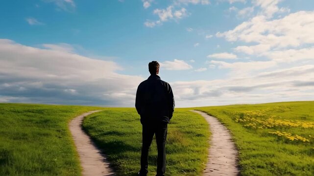 A person stands at a fork in a dirt path that splits a grassy field under a blue sky.