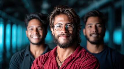 Three stylish young men stand close together in an urban environment, exuding confidence and camaraderie against a backdrop of modern architecture and design.