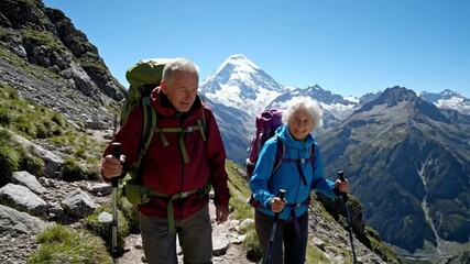 Elderly man and woman with trekking poles climbing green mountain trail side perspective
- Powered by Adobe