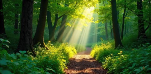 Obraz premium Sun-dappled forest path winding through lush green foliage, sunlight filtering through the leaves, creating a magical atmosphere Perfect for nature, travel, and adventure themes , tranquil, woods