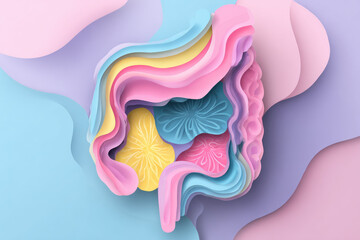 Abstract layered paper cut style human digestive system in pastel colors, featuring intestine, stomach, and organic shapes, evoking calm and creative mood for medical or educational concepts