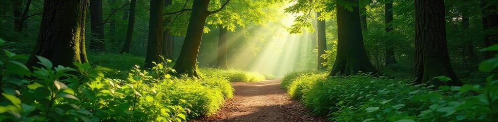 Fototapeta premium Sun-dappled forest path winding through lush greenery, sunlight filtering through leaves, creating a magical atmosphere Perfect for nature, travel, and fantasy themes , adventure, wallpaper, summer