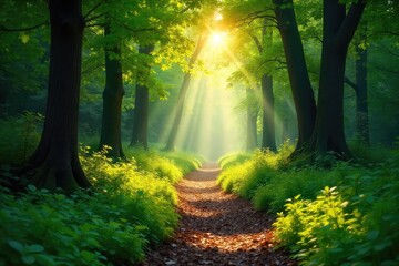 Obraz premium Sun-dappled forest path winding through lush green foliage, sunlight filtering through leaves, creating a magical atmosphere Perfect for nature, travel, and adventure themes , spring, sunbeams