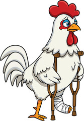 Injured cartoon chicken with crutches, broken leg wrapped in bandage, sad farm animal illustration, funny poultry character, domestic bird injury, humorous animal artwork, farm life