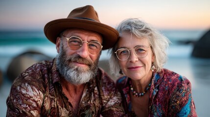 A happy older couple enjoying their time at the beach radiates joy and companionship, showcasing the beauty of love and shared experiences in life's later years.