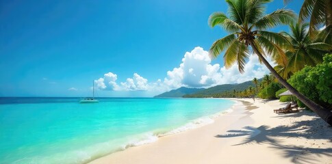 Obraz premium Sun-drenched beach scene with turquoise water lapping the shore, palm trees swaying gently in the breeze, a perfect summer holiday escape , sun, green, yellow