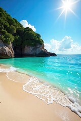 Obraz premium Sun-drenched coastal scene, sparkling turquoise water laps gently against a sandy shore Perfect for travel, vacation, and summer themes Idyllic beach escape , travel, golden, sunny