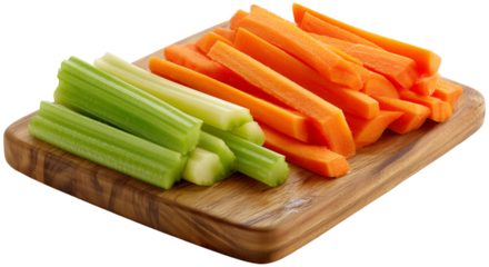 Close-up of orange carrots and green celery sticks arranged on a wooden board, creating a vibrant and healthy snack option for parties, meals, or diet-focused individuals.