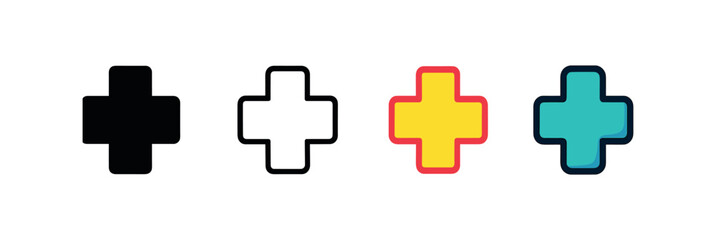 Obraz premium Vector icon medical cross hospital same pose same proportions four styles black solid glyph outline minimal flat multicolor filled cartoon flat shaded.
