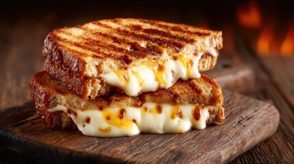Mouthwatering grilled cheese sandwich with perfectly toasted bread and deliciously melted cheese cascading out, showcasing comfort food at its absolute finest on a rustic wooden board.