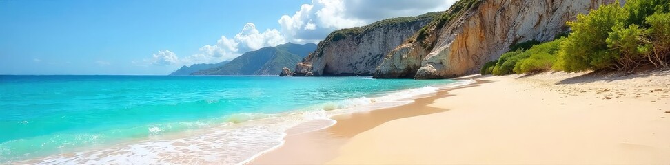 Obraz premium Sun-kissed sand, turquoise waves gently lapping the shore, dramatic cliffs rising in the background A pristine, untouched beach paradise awaits , texture, sky