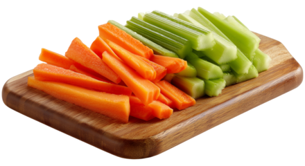 Close-up of orange carrots and green celery sticks arranged on a wooden board, creating a vibrant and healthy snack option for parties, meals, or diet-focused individuals.