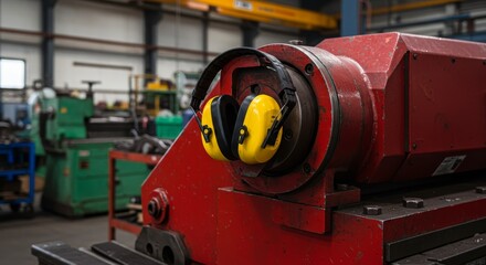 Fototapeta premium Yellow earmuffs hang on a red heavy industrial machine workshop safety