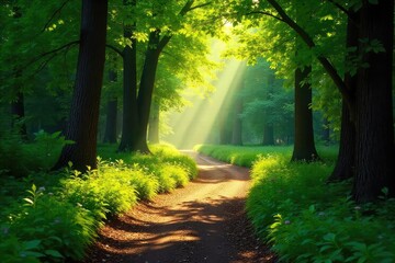 Sun-dappled forest path winding through lush green foliage, dappled sunlight filtering through leaves A tranquil scene of nature's beauty, perfect for relaxation and escape , natural, forest
