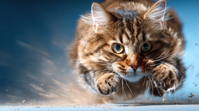 A beautifully striped tabby cat is captured mid-sprint, showcasing its keen alertness and playful energy, offering a glimpse into the feline's lively personality.