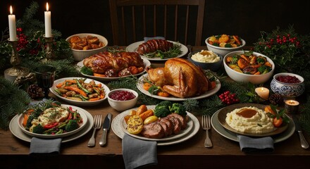 Festive Christmas Dinner Table with Roasted Turkey and Dishes.
