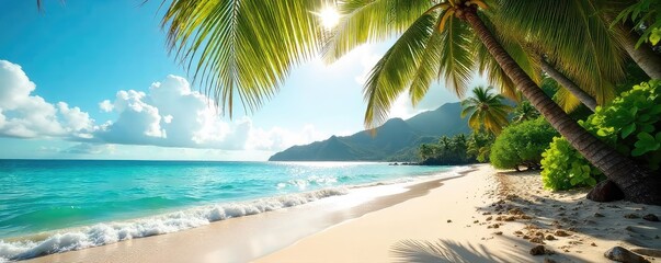 Obraz premium Sunlight filters through palm leaves, illuminating a tranquil Hawaiian beach scene Soft sand, gentle waves, and lush tropical foliage create a serene atmosphere of island paradise , paradise, sand