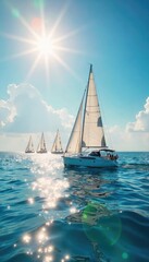 Fototapeta premium Sunlight illuminates a fleet of sailboats gliding across a calm, azure sea under a vibrant sky The scene captures the tranquility and beauty of a perfect sailing day , ripple, wave