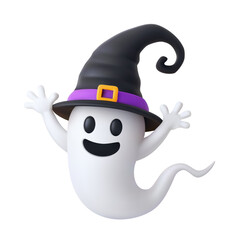 3D-style ghost wearing a hat, isolated on a white background. For Halloween designs, greeting cards, party invitations, or spooky-themed decorations.