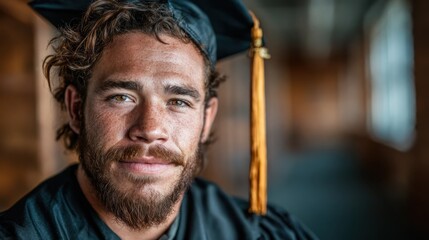 A proud young man in a graduation cap and gown gazes confidently at the camera, symbolizing achievement and the beginning of new endeavors after completing his education.