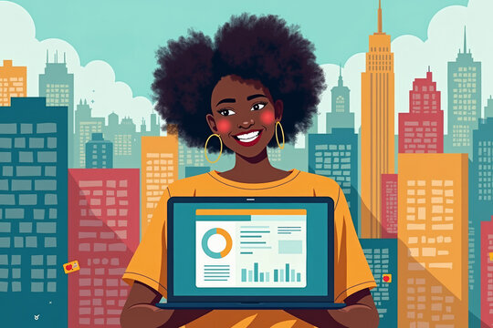 African American woman showcasing digital credit score report on laptop screen amidst vibrant collage of credit cards and financial symbols