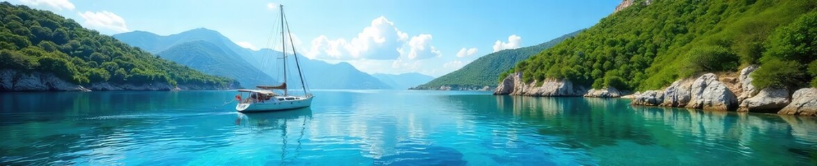 Fototapeta premium Tranquil scene of a sailboat gently rocking at anchor in a calm bay, surrounded by clear blue water and lush green hills , waves, relaxation