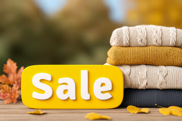 A yellow sign with the inscription "Sale" and a stack of knitted sweaters on a blurred autumn background
