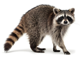 Obraz premium Raccoon standing alert on a white background looking directly at the camera lens