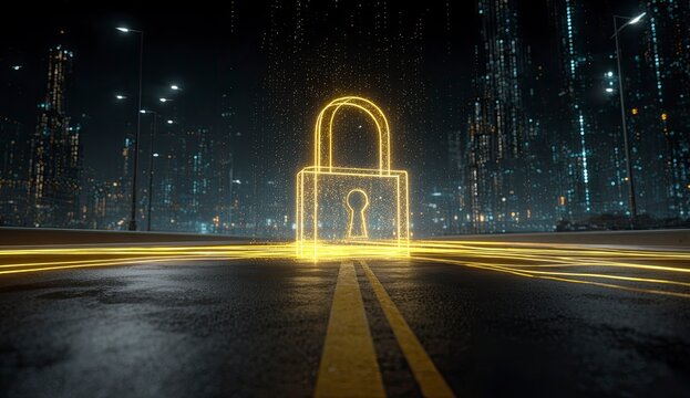 Glowing Padlock on City Street at Night - Powered by Adobe