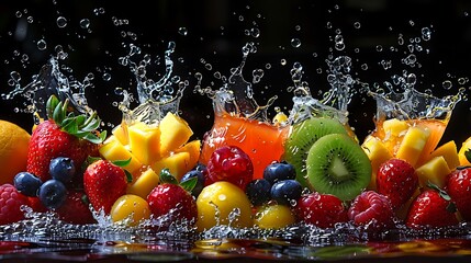 Vibrant splashing fruits creating a refreshing summer feeling with strawberry mango kiwi and blueberries