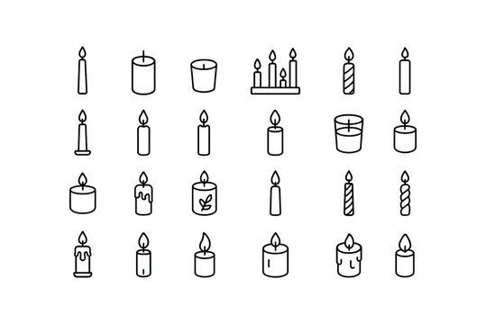 vector outline icons Christmas Candles (Types) taper candle pillar candle votive candle tea light advent candle tall candle short candle red candle green candle white candle gold candle. - Powered by Adobe