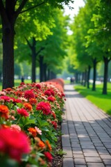 Obraz premium Vibrant flowerbeds burst with color, lining a paved park path edged with lush green grass and mature trees, creating a picturesque scene of urban landscaping , colorful, scenic