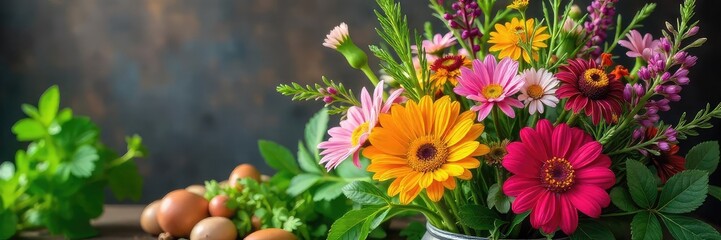 Vibrant garden bunch of freshly picked flowers and herbs, bursting with color and fragrance, perfect for rustic kitchen decor or floral arrangements ,  white,  summer