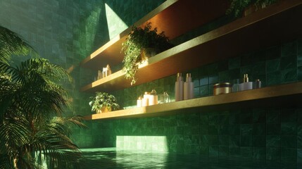 Fototapeta premium Modern bathroom with a green tiled wall and floor. on the left side of the image, there is a tall palm tree with green leaves.