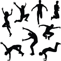 Jumping People Silhouettes Vector, Action Poses, Dance and Fitness Movement Icons, Active Human Figures for Sport, Exercise and Energy Design
