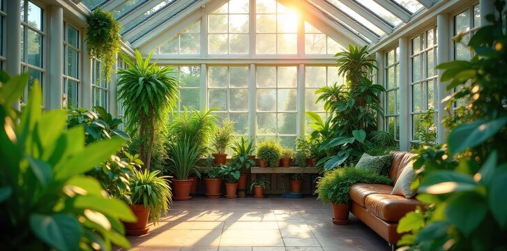 Sun-drenched conservatory brimming with lush, thriving plants Ideal for gardening, home improvement, and lifestyle imagery Shows off vibrant foliage and natural light , terracotta, structure, growth