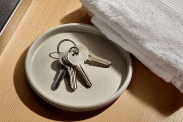 keys on a white ceramic plate and a folded white terry towel on a light wooden tray
