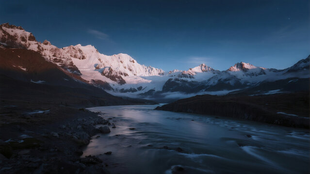Winter starry sky snow mountain river