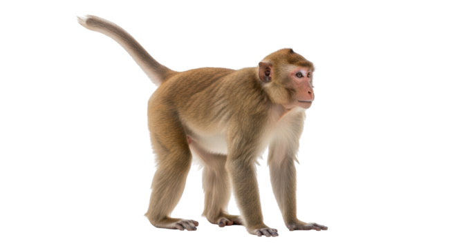 Isolated macaque with its tail up, standing on all fours, tan and furry color fur coat
