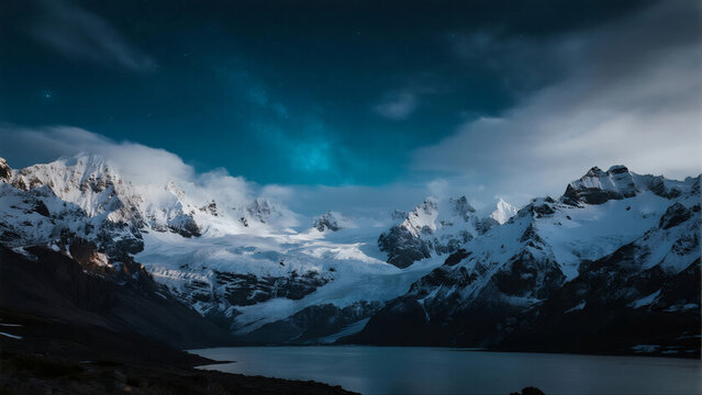 Winter starry sky snow mountain river