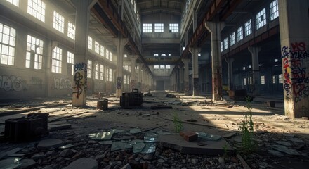 Interior of a vast, derelict factory with broken windows, debrisstrewn floor, and graffiti